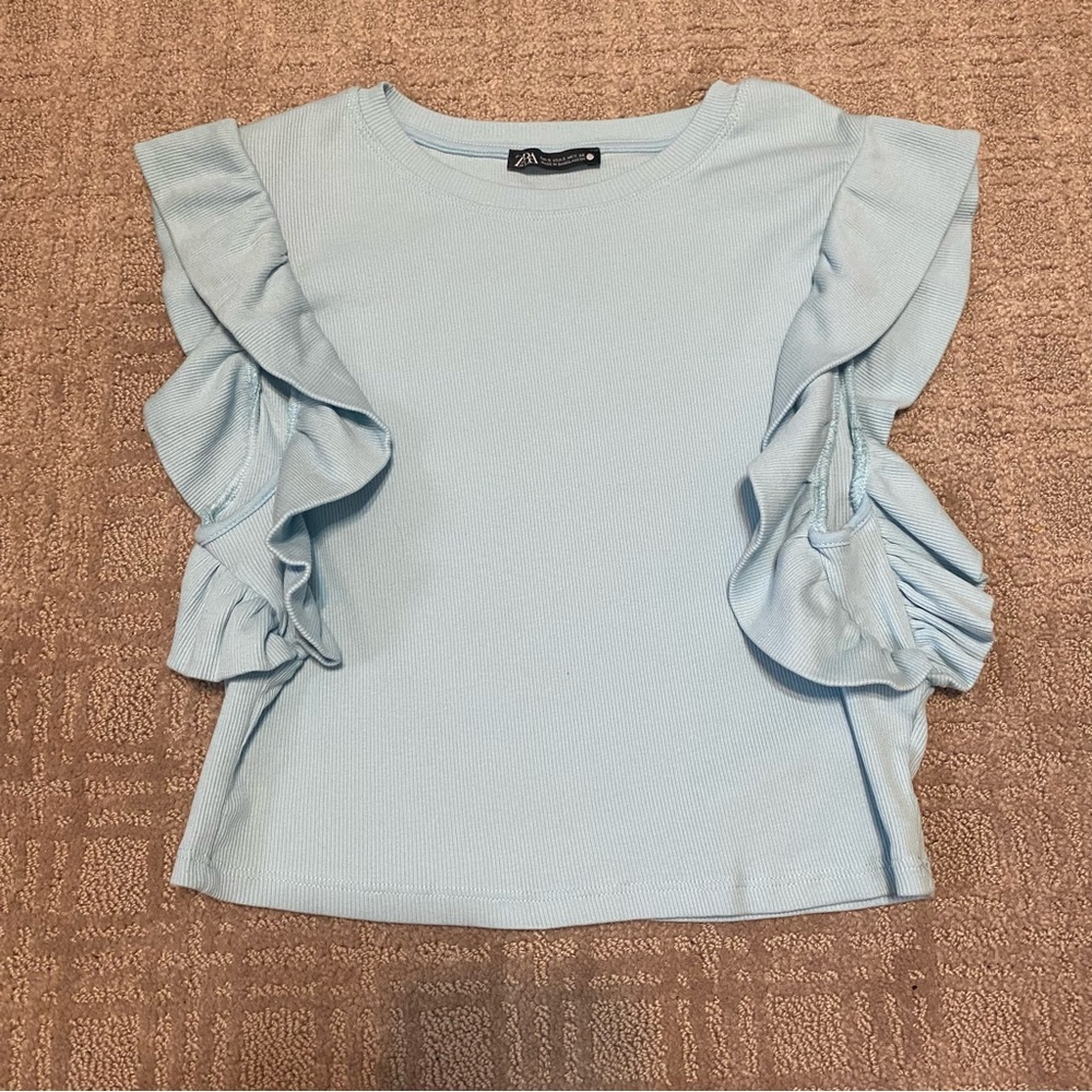 {Zara} Baby Blue Ribbed Sleeveless Crop Top | Ruffles ~ Size Small - Picture 4 of 16